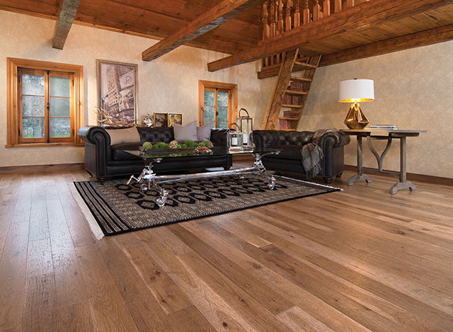 Brown hardwood floor living room scene